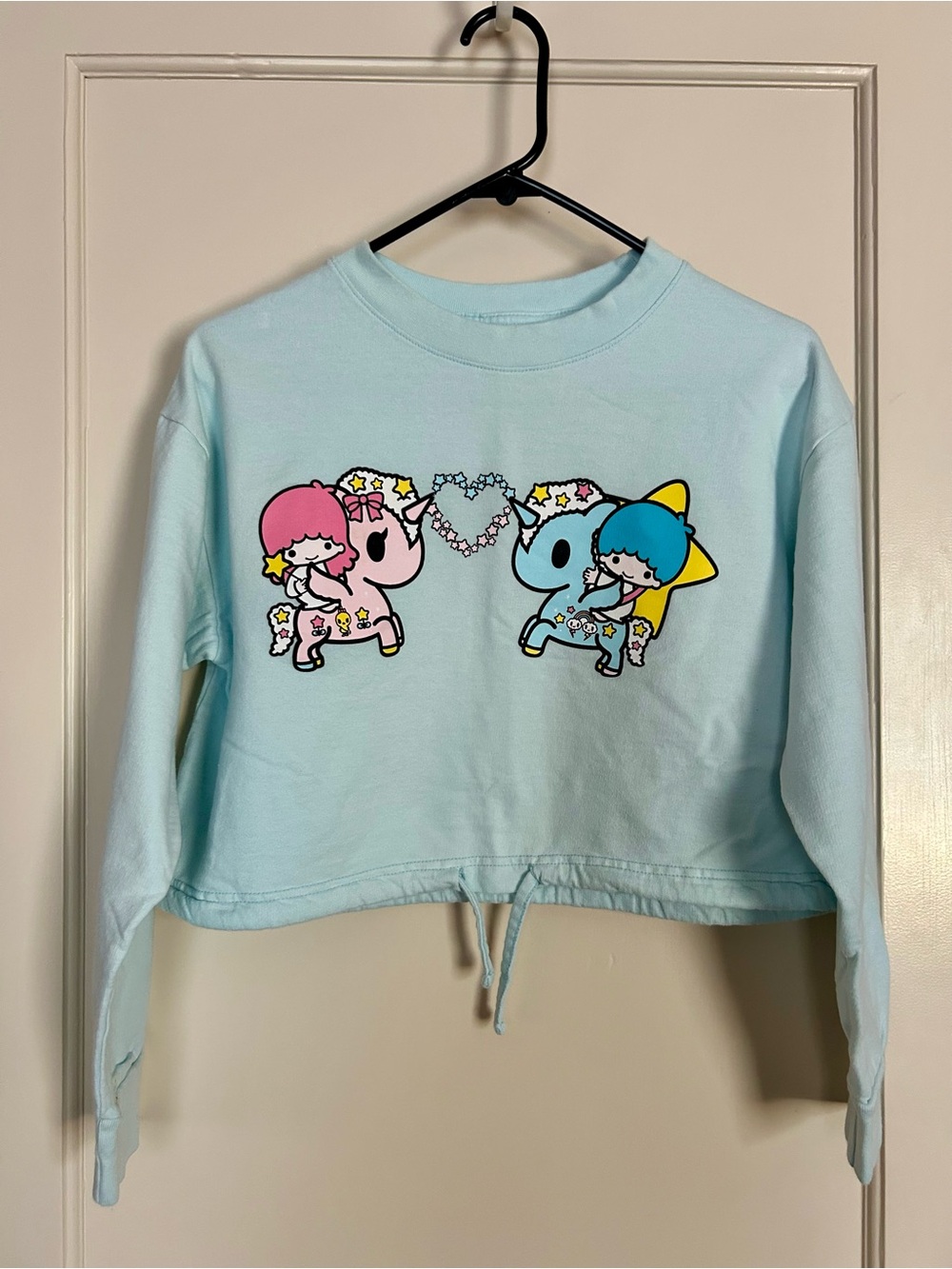 Tokidoki x Hello Kitty Light Blue Little Twin Stars Lightweight Crop Sweatshirt.